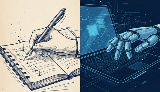 Human and robot hand writing blog post